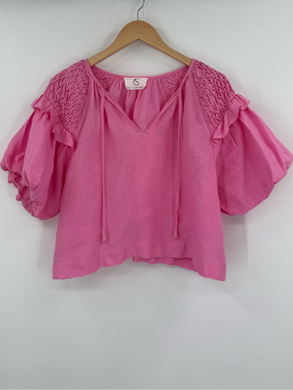 Self Contrast Linen Smocked Puff Sleeve Blouse | Pink | Large